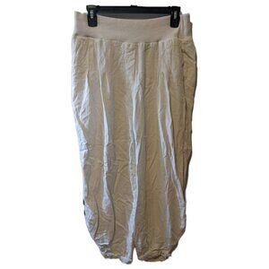 Red Coral Cotton Linen Blend Cropped Pants Elastic Waist Lagenlook Buttons Sz L